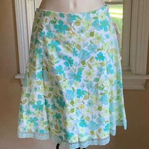 Vibrant Aqua & Green Floral Skirt w/Lace Hem